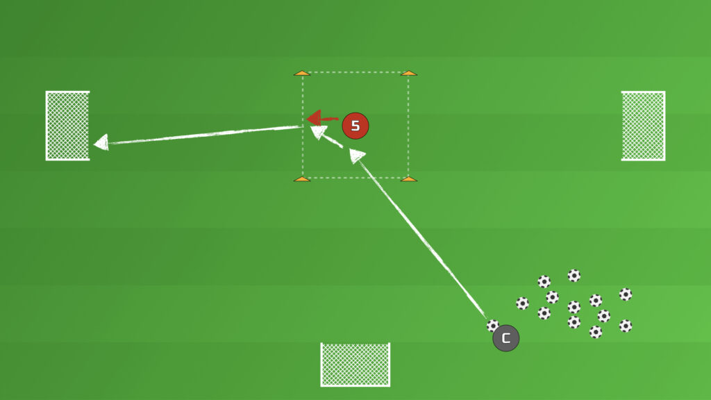 The "Xavi" Midfielder Drill inside-the-square variation — the midfielder controls the ball within the cones before passing to a goal