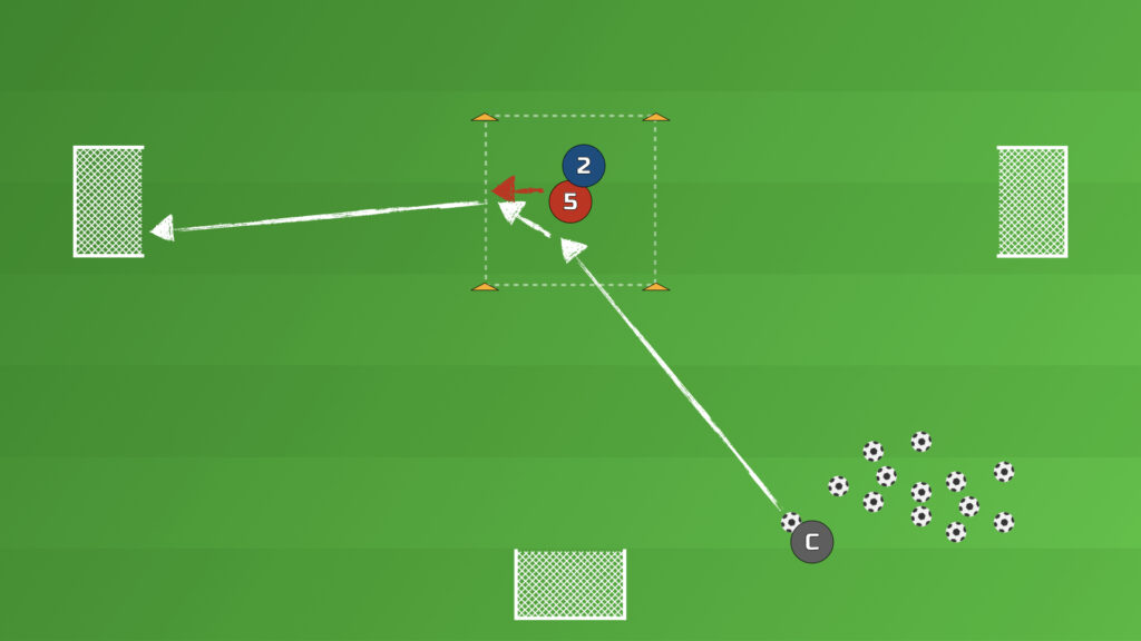 The "Xavi" Midfielder Drill defender variation — a defender pressures the midfielder inside the square as they take their first touch